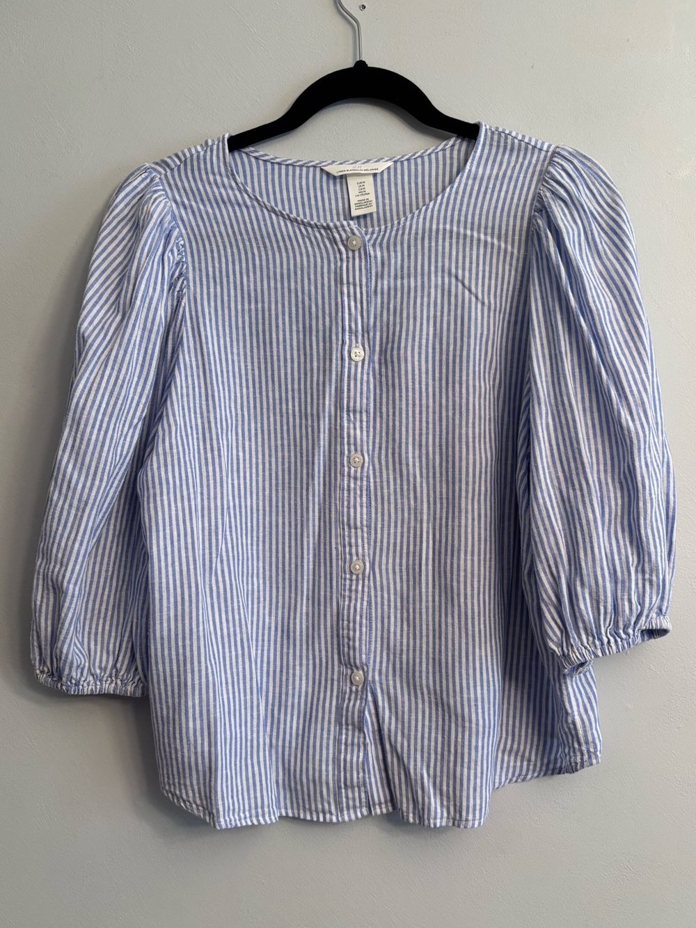 H&M Striped Puff Sleeve Button-Up Linen Top